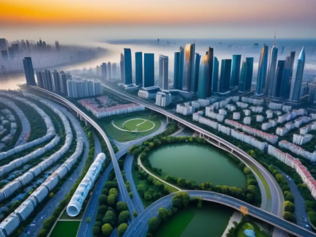 Metrópolis diversa: evolución urbana y migración interna Vista aérea de ciudad bulliciosa con arquitectura tradicional y contemporánea, reflejando la migración interna demanda vivienda global