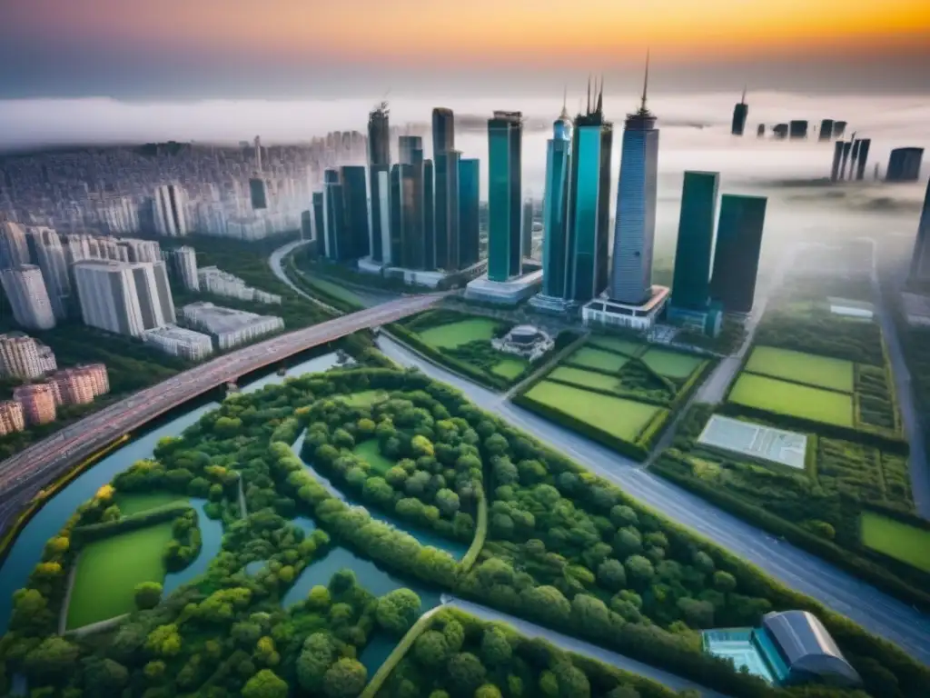 Metrópolis posCOVID: rascacielos modernos y espacios verdes se entrelazan Vista aérea de una ciudad bulliciosa con rascacielos modernos y espacios verdes, reflejando una área metropolitana próspera postCOVID con arquitectura innovadora y prácticas sostenibles, ideal para la inversión inmobiliaria post COVID internacional
