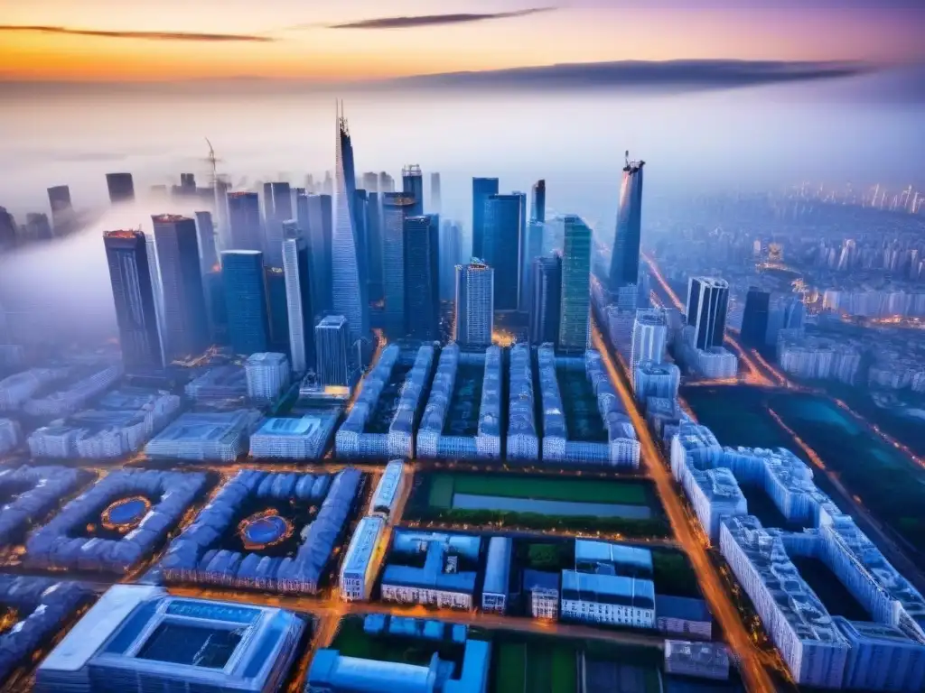 Contraste urbano: modernidad y tradición en la ciudad Vista aérea de una ciudad bulliciosa con rascacielos y edificios residenciales, mostrando una mezcla de arquitectura moderna y diseños tradicionales