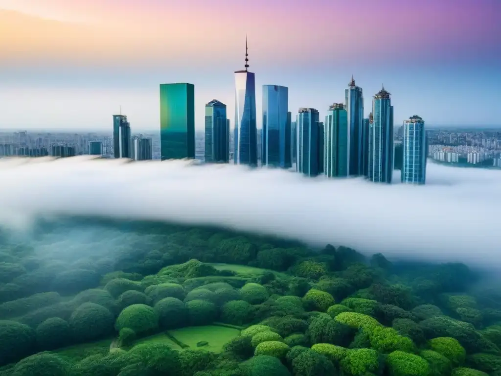Contraste natural y urbano en el mercado inmobiliario global Vista aérea de una ciudad bulliciosa con rascacielos rodeados de parques verdes, reflejando el contraste entre naturaleza y desarrollo urbano, ideal para estrategias anticíclicas inversiones inmobiliarias internacionales