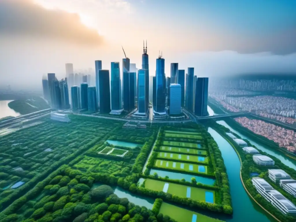 Metrópolis próspera: rascacielos y parques en auge Vista aérea de una ciudad bulliciosa con rascacielos modernos rodeados de parques verdes y vías fluviales, simbolizando la prosperidad en el mercado inmobiliario internacional en la recuperación económica