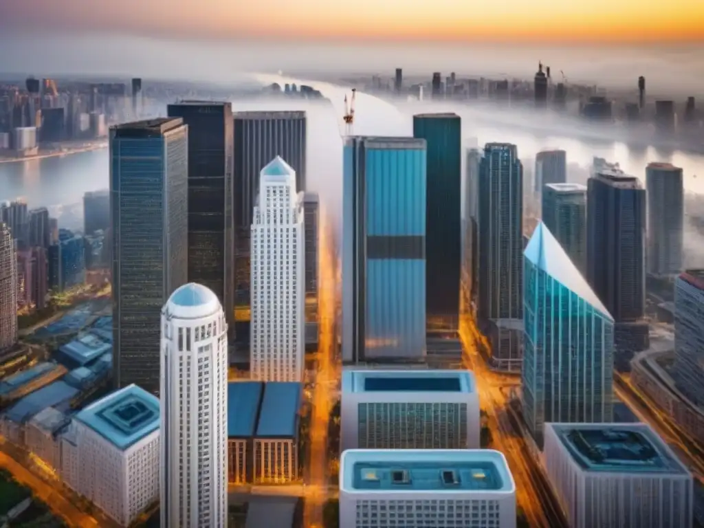Vibrante mercado inmobiliario: crecimiento urbano Vista aérea de una ciudad bulliciosa con rascacielos modernos y calles llenas de gente, reflejo de las tendencias mercado inmobiliario internacional