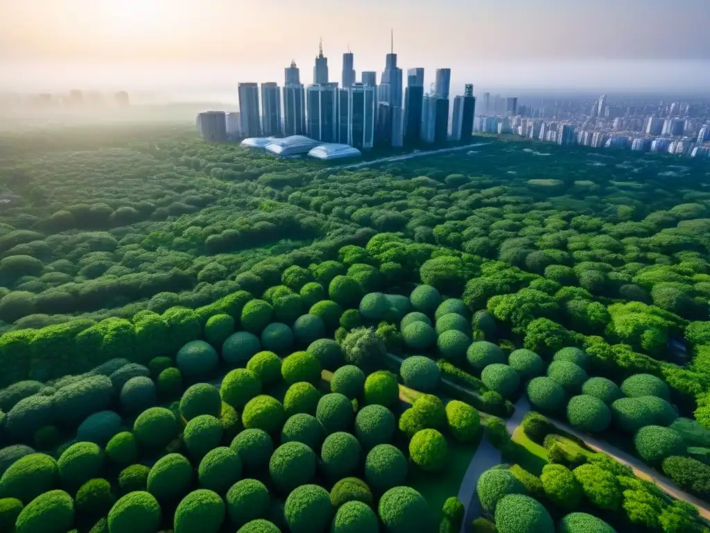 Arquitectura moderna y zonas verdes: equilibrio urbano Vista aérea de una ciudad bulliciosa con rascacielos, parques verdes y edificios residenciales bajo regulaciones de uso suelo mercado inmobiliario