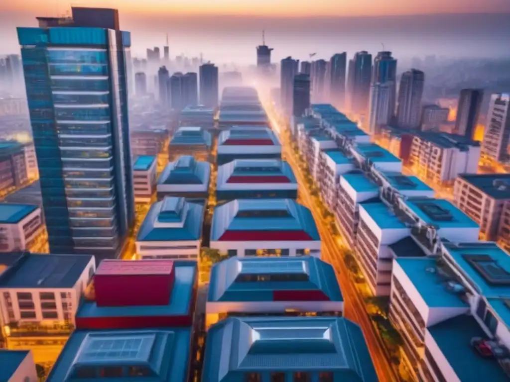 Metrópolis en crecimiento: luces doradas y contrastes urbanos al atardecer Vista aérea de una ciudad bulliciosa en un país en desarrollo, con rascacielos y edificios tradicionales