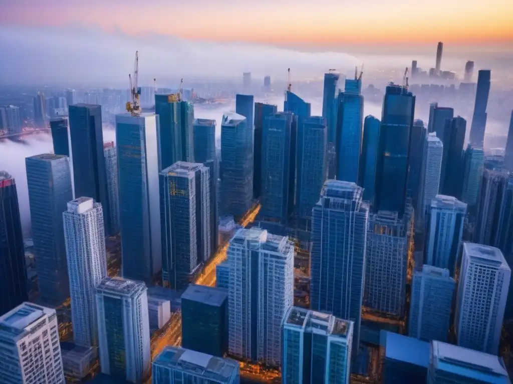 Vibrante panorama urbano con modernos rascacielos en construcción Vista aérea de una ciudad bulliciosa con rascacielos modernos y una mezcla de edificios residenciales y comerciales