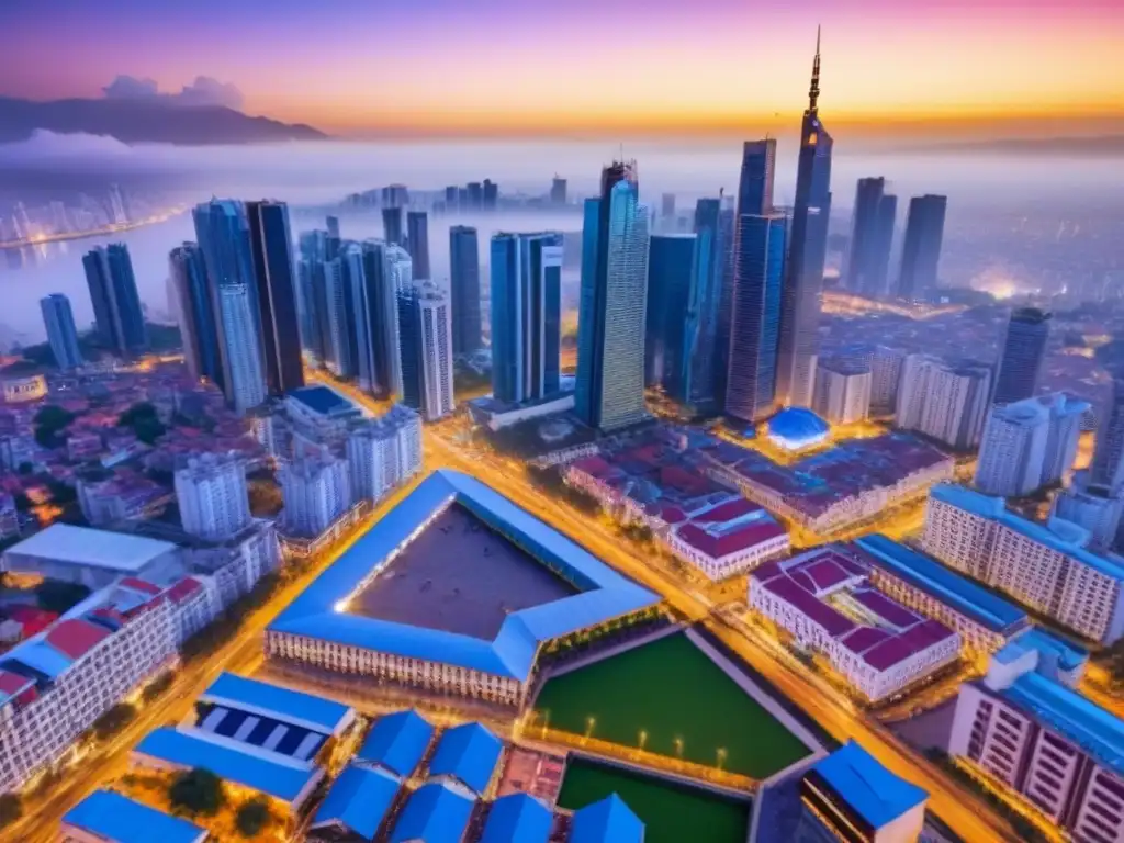 Contraste arquitectónico en ciudad emergente: oportunidades de inversión inmobiliaria Vista aérea de una ciudad bulliciosa en un país en desarrollo, con rascacielos modernos y edificios tradicionales, mercados callejeros vibrantes y tráfico intenso