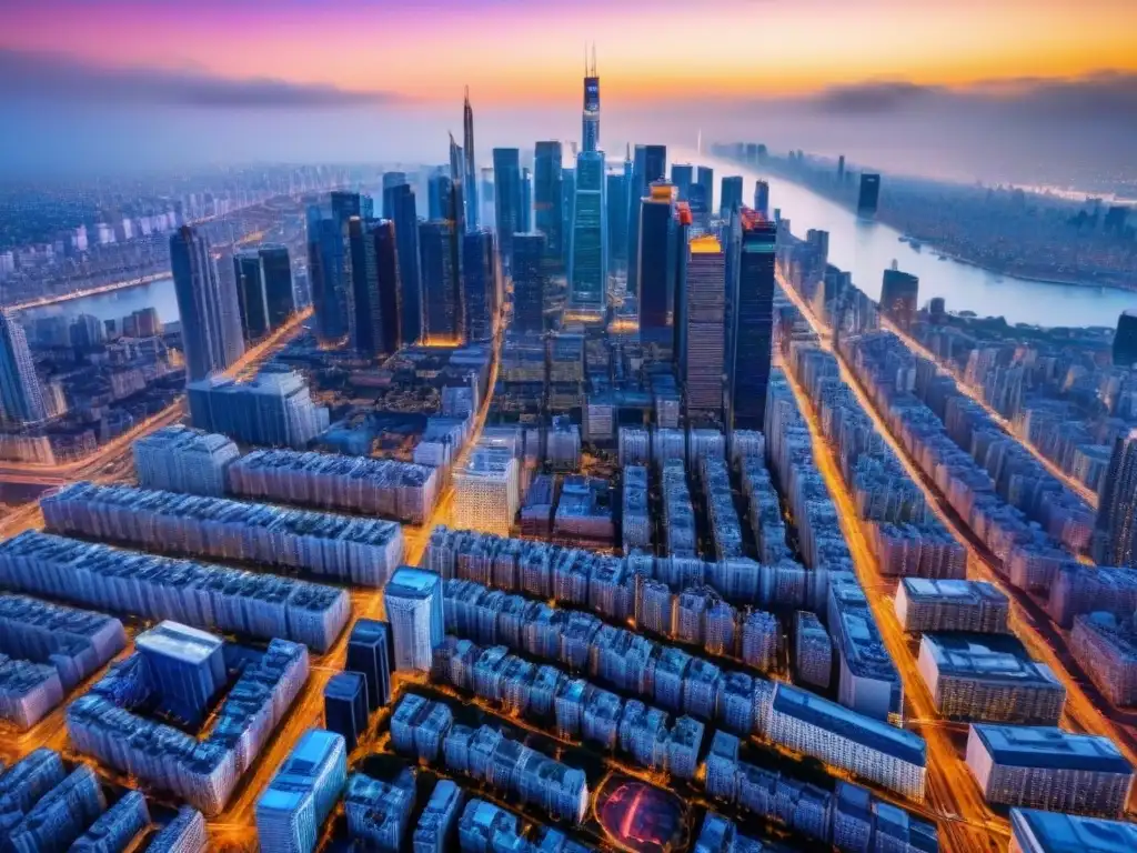 Vista aérea de una ciudad bulliciosa con rascacielos modernos, calles llenas de tráfico y personas en sus actividades diarias