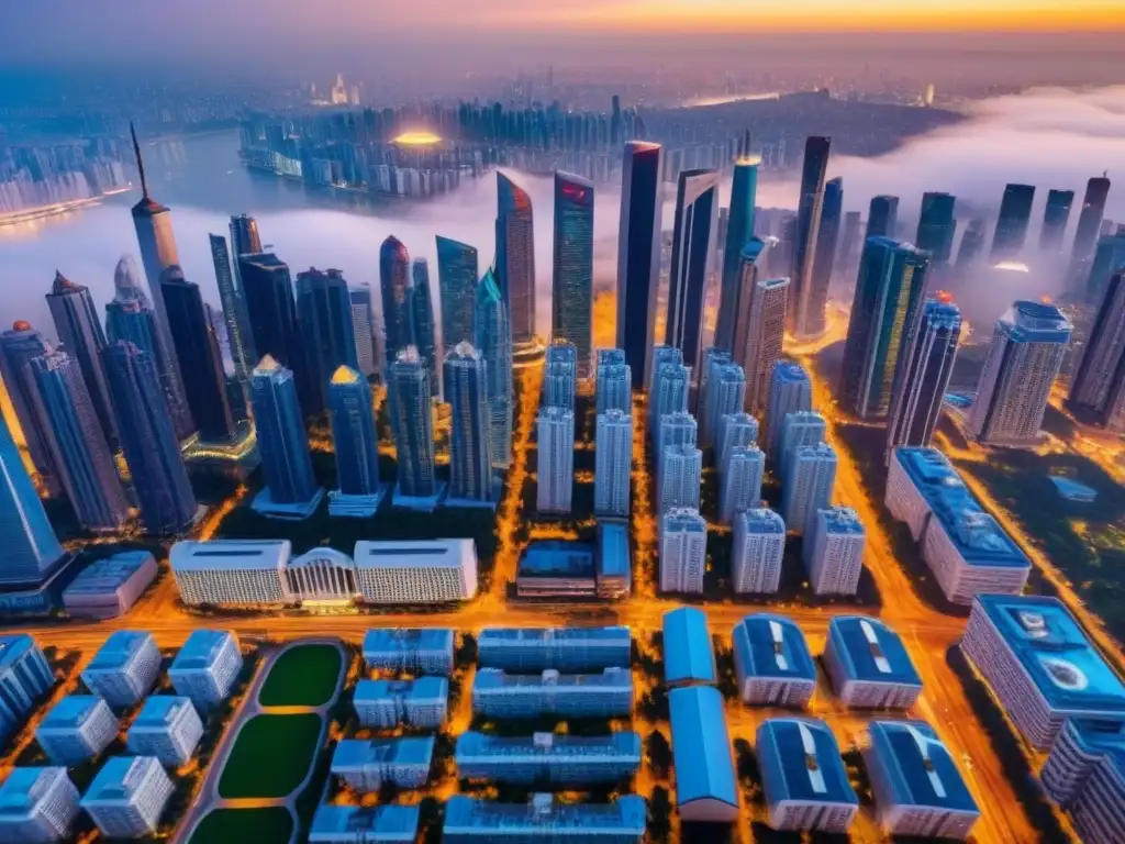 Vista aérea de ciudad próspera y dinámica al atardecer Vista aérea de una ciudad bulliciosa con rascacielos, mezcla de arquitectura futurista y tradicional
