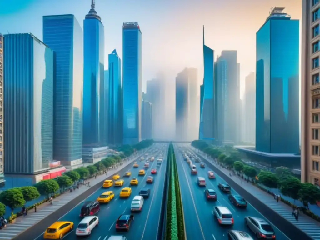 Vibrante ciudad emergente: mezcla de modernidad y tradición 'Vista aérea de una ciudad bulliciosa en un mercado emergente, con rascacielos modernos y arquitectura tradicional