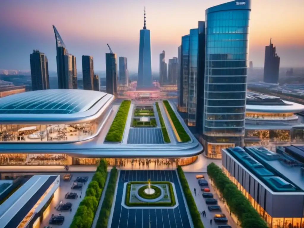 Centro comercial futurista en ciudad vibrante al atardecer Vista aérea de una ciudad con un centro comercial futurista destacado