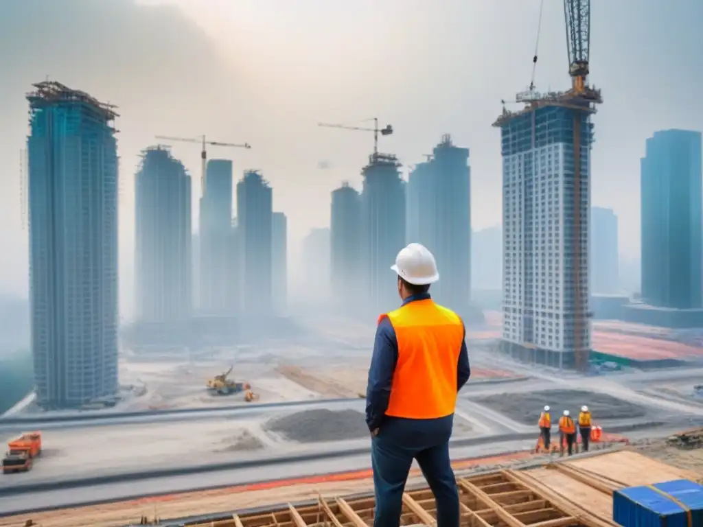 Vista aérea: construcción de rascacielos en ciudad dinámica Vista aérea de una ciudad en construcción, con grúas y obreros