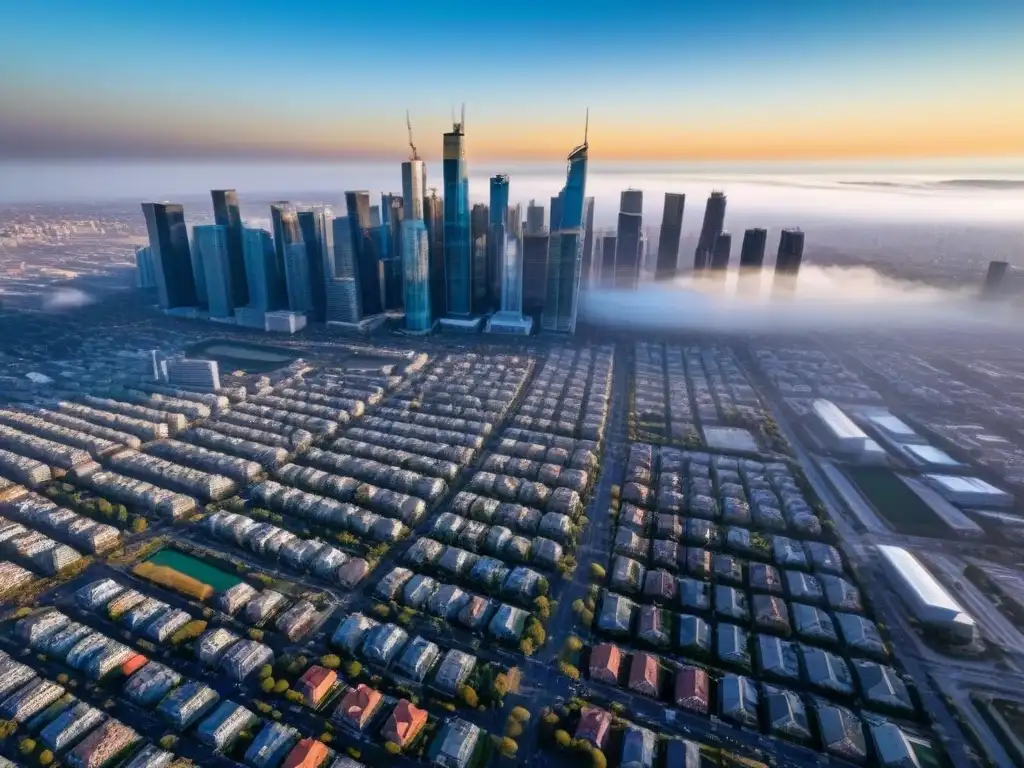 Contrastes urbanos: luces y sombras en el mercado inmobiliario Vista aérea de una ciudad con contrastes en el ciclo inmobiliario y crisis económica