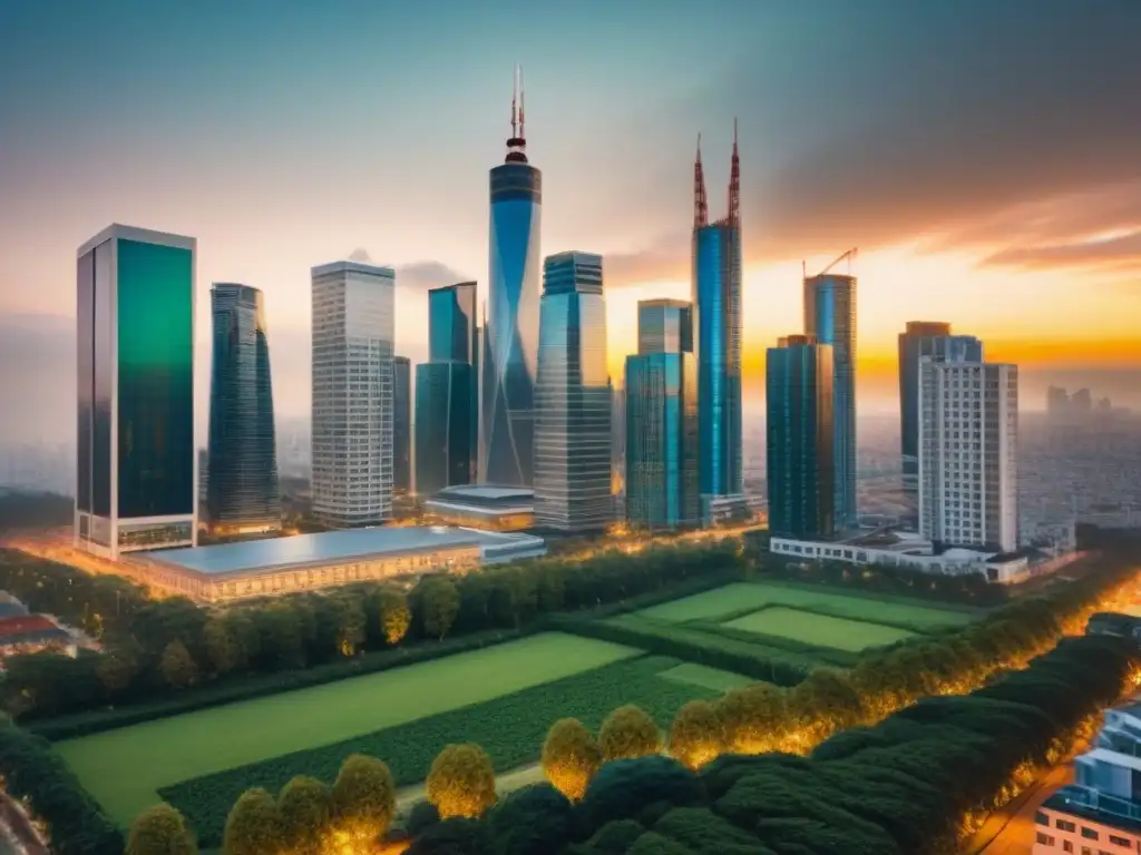 Contraste arquitectónico en mercado inmobiliario internacional Vista aérea de una ciudad cosmopolita con rascacielos modernos y edificios tradicionales, mostrando la ética inmobiliaria internacional diferencias