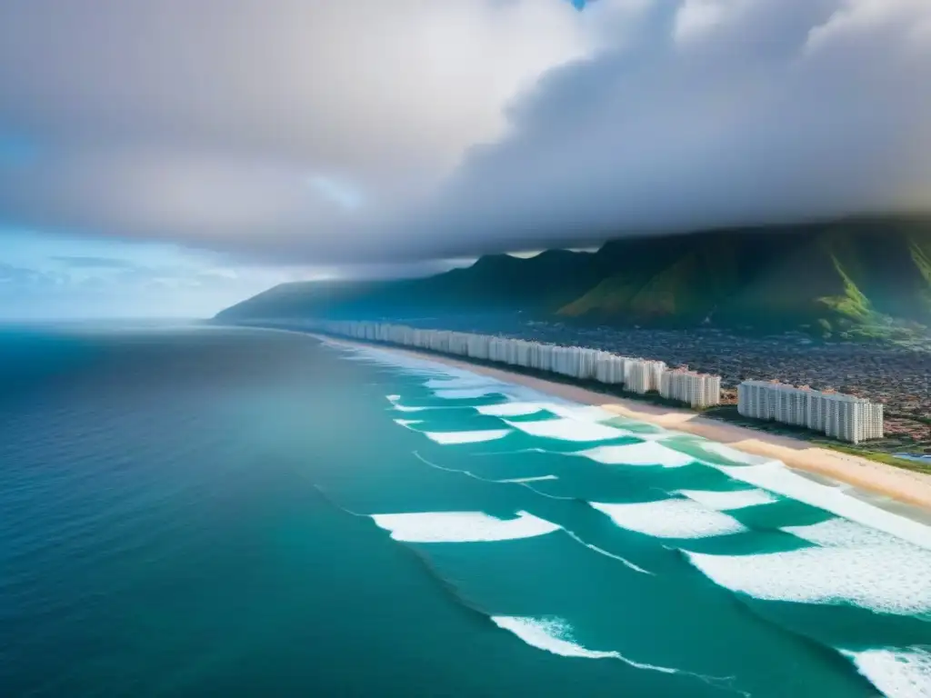 Contraste urbano-natural en ciudad costera: asegura tu propiedad Vista aérea de ciudad costera moderna frente a mar tormentoso, resaltando la importancia de seguros propiedades zonas riesgo