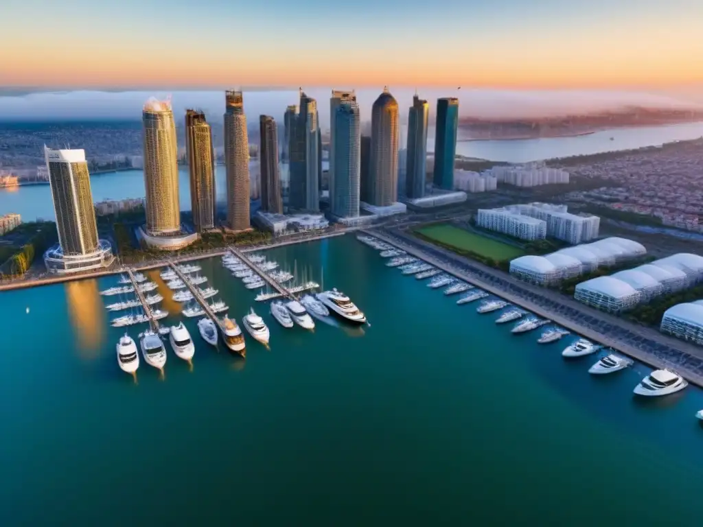Horizonte costero: atardecer en ciudad moderna, lujo y naturaleza Vista aérea de ciudad costera con rascacielos al atardecer, reflejados en el mar