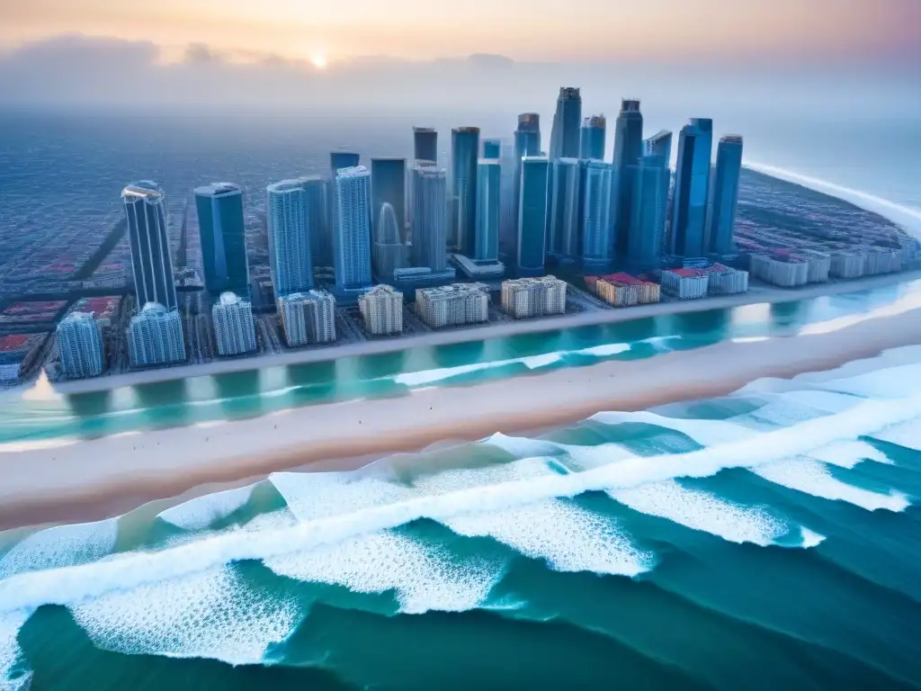 Inversiones inmobiliarias en zonas de riesgo: equilibrio entre lujo y precaución Vista aérea de ciudad costera con rascacielos modernos junto a playa tranquila, ilustrando la protección inversión mercado inmobiliario