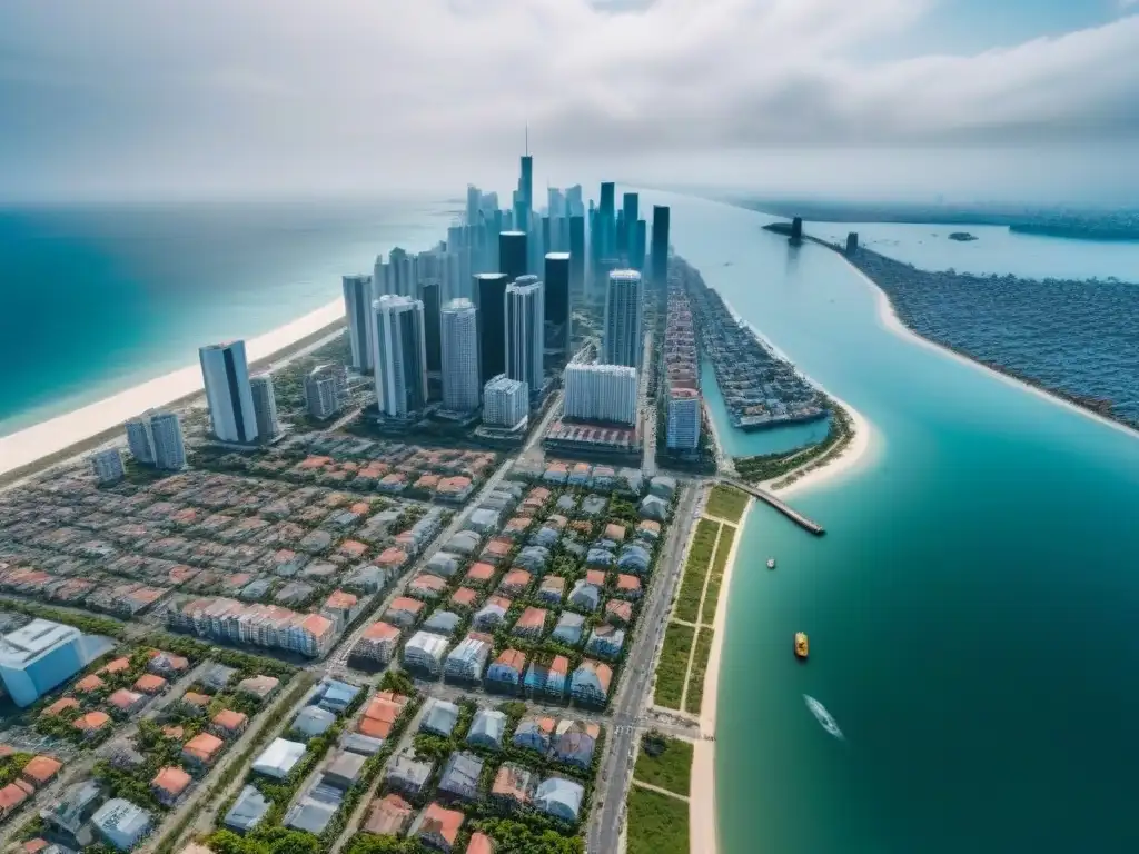 Vulnerabilidad urbana: impacto del cambio climático en ciudad costera Vista aérea de ciudad costera con rascacielos modernos y mar creciente, resaltando propiedades vulnerables cambio climático
