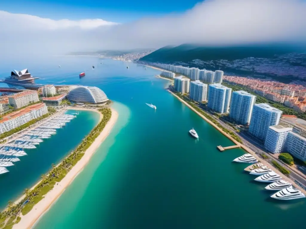 Metrópolis costera: arquitectura moderna, turismo y desarrollo económico Vista aérea de ciudad costera con rascacielos, yates, playa llena de turistas