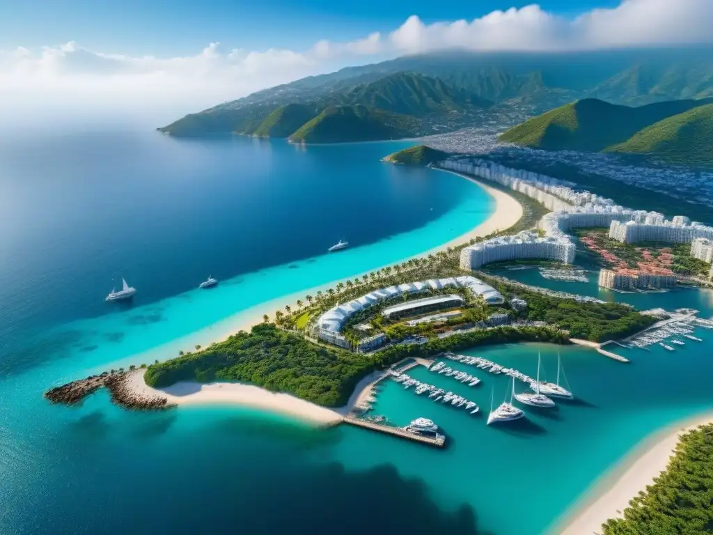 Destino turístico de lujo: ciudad costera, resorts y marina Vista aérea de una ciudad costera con resorts, rascacielos, puerto lleno de yates y aguas turquesas, ideal para turismo e inversión inmobiliaria internacional