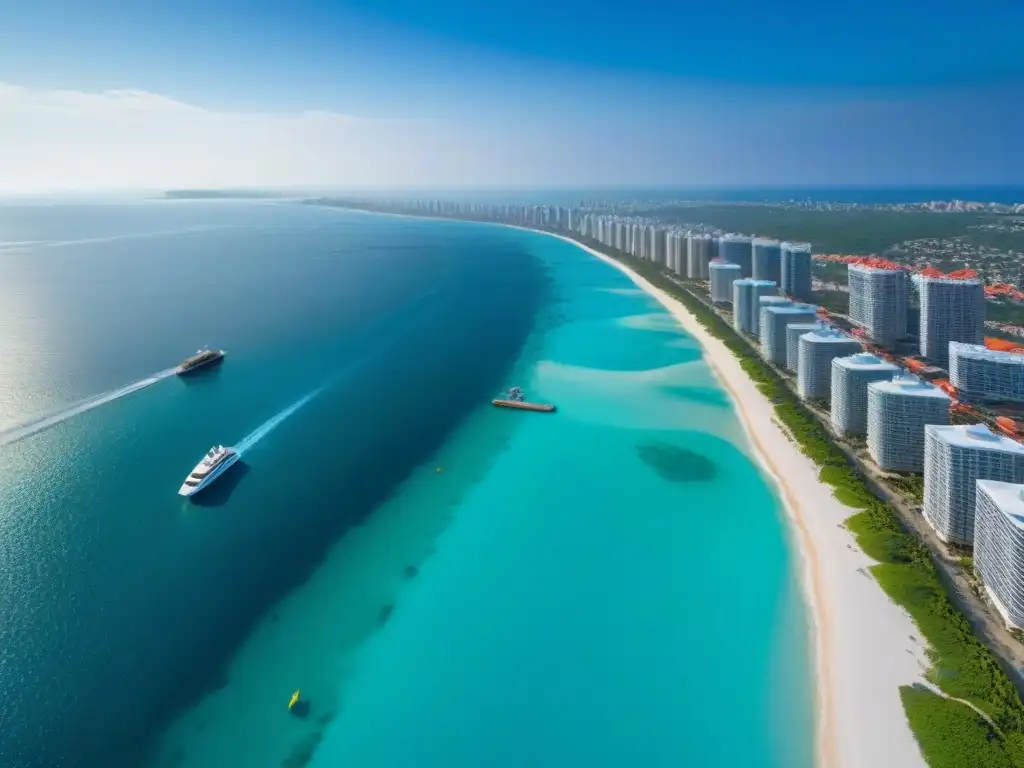 Destino turístico de lujo: ciudad costera con hoteles y playas Vista aérea de ciudad costera turística con hoteles de lujo en la playa