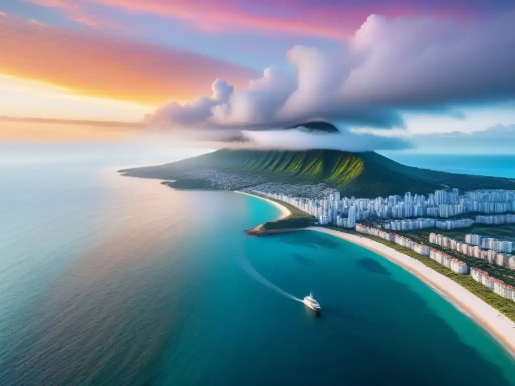 Paisaje costero al atardecer: belleza y vulnerabilidad en armonía Vista aérea de ciudad costera al atardecer, resaltando la belleza y vulnerabilidad de propiedades en riesgo