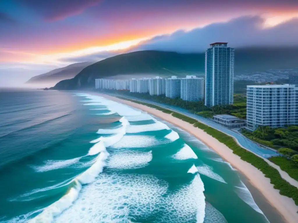 Esplendor urbano frente al mar al atardecer Vista aérea de ciudad costera al atardecer, reflejando la belleza y riesgos del entorno