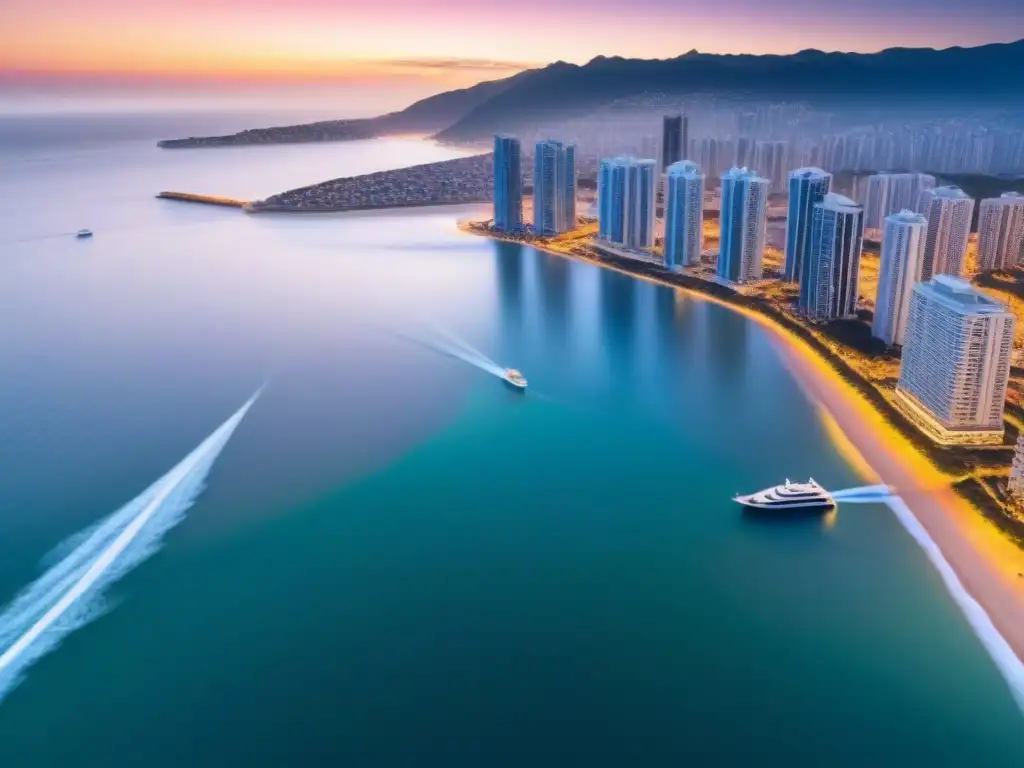 Vista aérea de una ciudad costera al anochecer con rascacielos modernos a la orilla, reflejando el cálido atardecer en sus fachadas de cristal