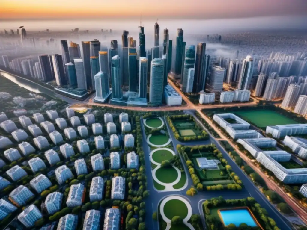Vibrante metrópolis: crecimiento urbano impulsado por migración interna Vista aérea de ciudad en crecimiento con rascacielos modernos y migración interna mercados inmobiliarios