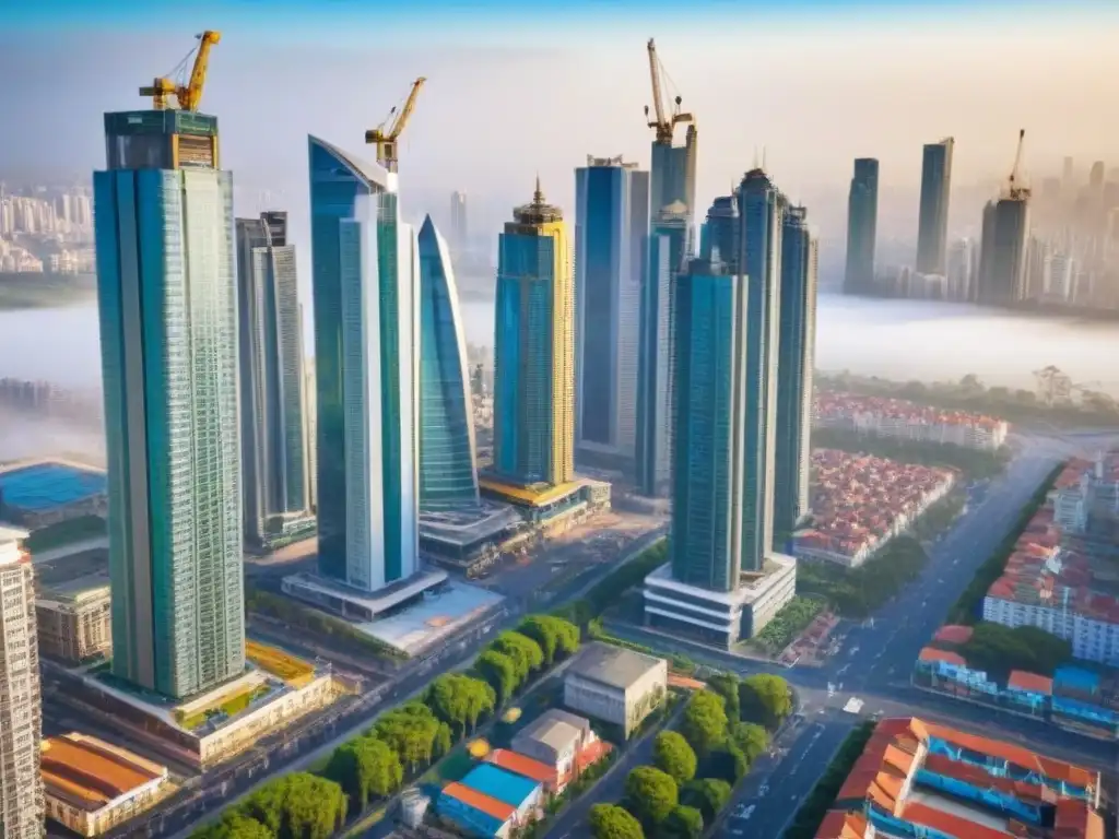Cityscape emergente: mezcla de modernidad y tradición Vista aérea de una ciudad en crecimiento con modernos rascacielos y arquitectura tradicional