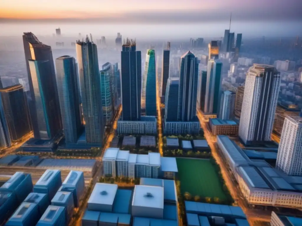 Metrópolis en crecimiento: contrastes urbanos y potencial inmobiliario Vista aérea de una ciudad en crecimiento con modernos rascacielos y edificaciones tradicionales
