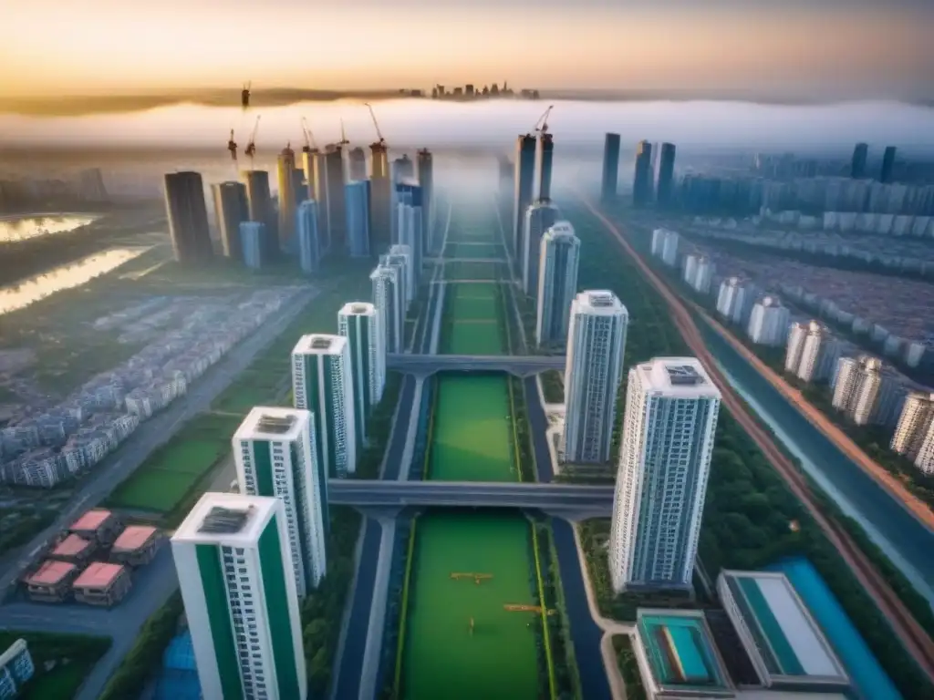 Desarrollo urbano: crecimiento y modernidad en mercados emergentes Vista aérea de una ciudad en crecimiento con rascacielos modernos y grúas, simbolizando inversión en proyectos inmobiliarios en mercados emergentes