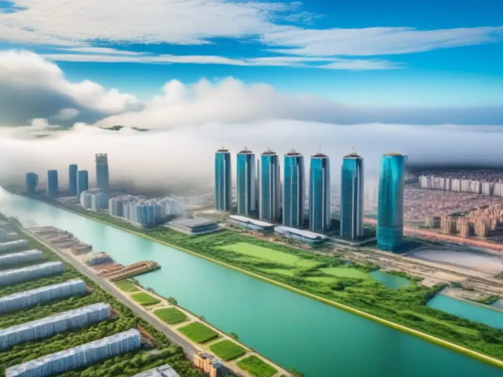 Metrópolis emergente: paisaje urbano con rascacielos y zonas verdes Vista aérea de una ciudad en crecimiento, con rascacielos modernos y sitios en construcción, en un mercado inmobiliario emergente