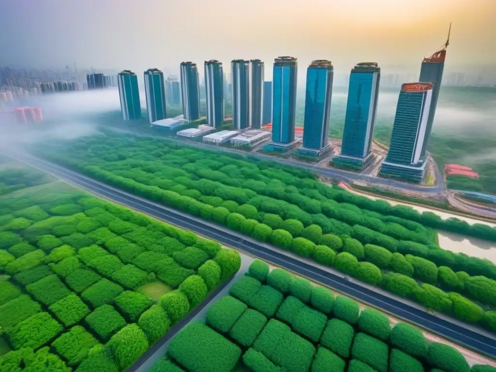 Metrópolis en crecimiento: potencial inmobiliario en mercado emergente Vista aérea de una ciudad en crecimiento con rascacielos, edificios residenciales, y sitios de construcción, rodeada de vegetación