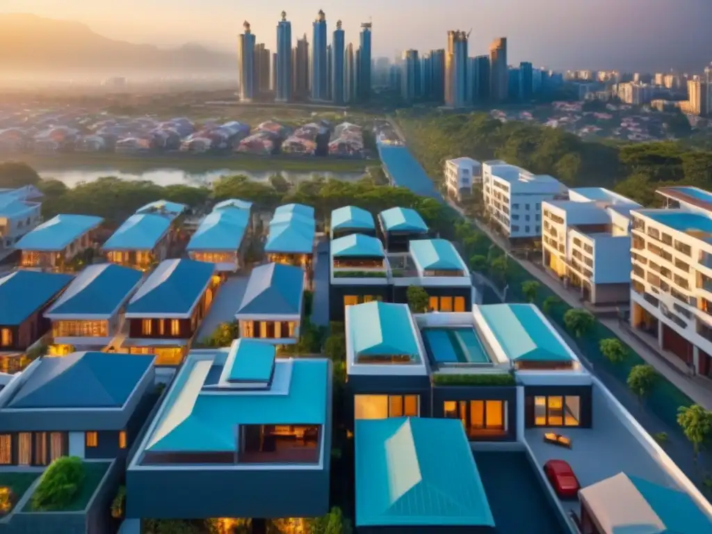 Vibrante mix de arquitectura urbana en ciudad en desarrollo Vista aérea de una ciudad en desarrollo con diversidad arquitectónica, reflejando las políticas de vivienda en mercados emergentes