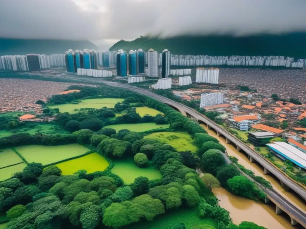 Cityscape vibrante: modernidad y tradición en un país en desarrollo Vista aérea de una ciudad en país en desarrollo, con modernos rascacielos y arquitectura tradicional, rodeada de exuberante vegetación