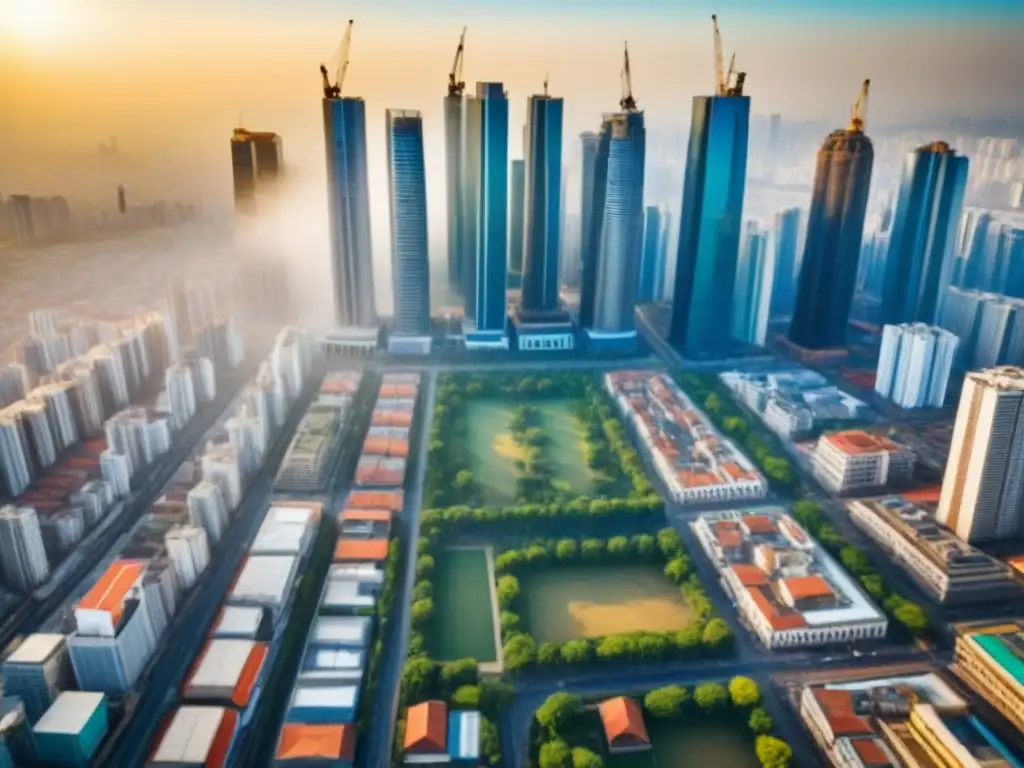 Inversiones inmobiliarias en mercados emergentes: ciudad en crecimiento Vista aérea de una ciudad en desarrollo con rascacielos y mercados callejeros vibrantes