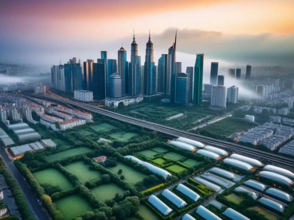 Metrópolis en crecimiento: arquitectura moderna y espacios verdes Vista aérea de una ciudad dinámica con rascacielos y edificios residenciales, resaltando la migración interna y el mercado inmobiliario