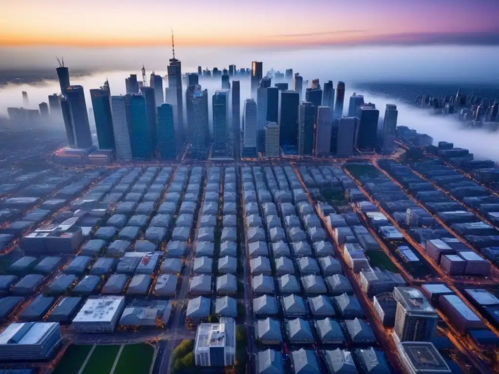 Metrópolis en movimiento: paisaje urbano dinámico de una ciudad norteamericana en plena migración interna Vista aérea de una ciudad dinámica con rascacielos y edificios residenciales, reflejando el vibrante paisaje urbano de una ciudad norteamericana en plena migración interna