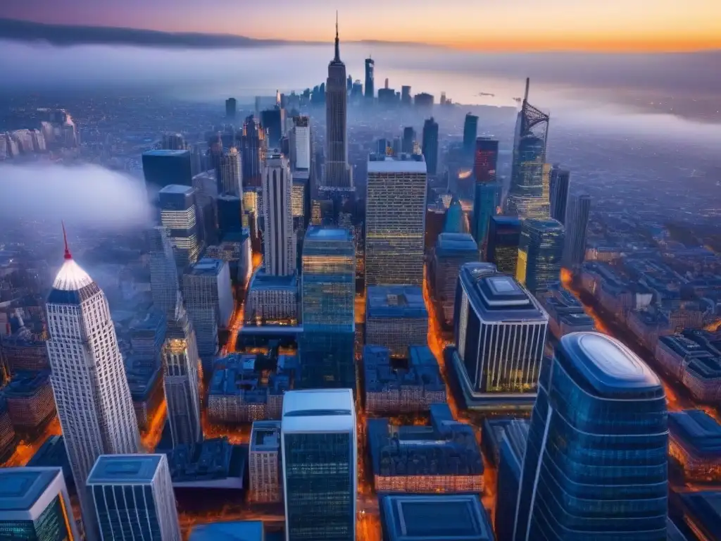 Transformación postBrexit: Ciudad vibrante de contrastes arquitectónicos Vista aérea de una ciudad dinámica con rascacielos modernos y edificios históricos, reflejando el Mercado inmobiliario internacional post-Brexit