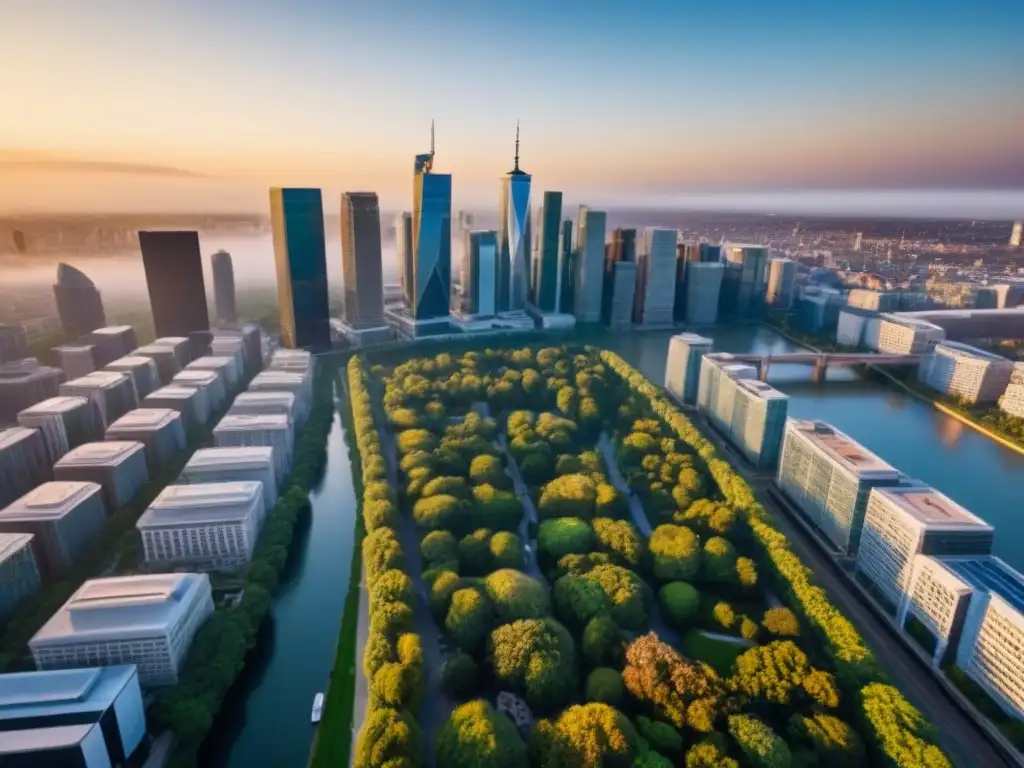 Cityscape al atardecer: modernidad y historia en armonía Vista aérea de ciudad dinámica al atardecer con rascacielos modernos y edificios históricos, rodeados de naturaleza exuberante y un río brillante