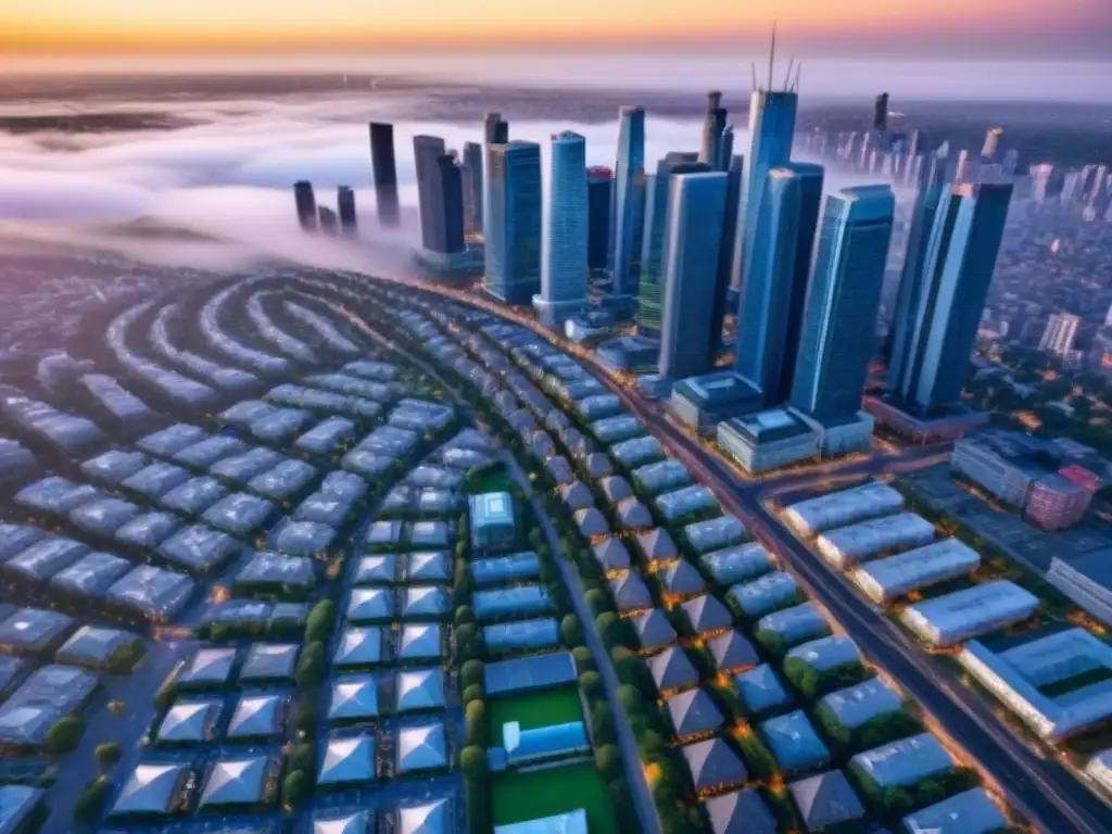 Horizonte urbano: mercado inmobiliario vibrante postcrisis Vista aérea de ciudad dinámica con rascacielos modernos y edificios residenciales, reflejando mercado inmobiliario vibrante postcrisis