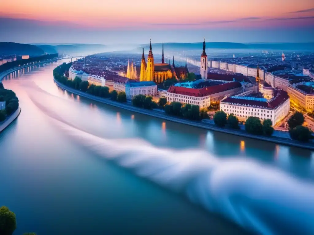Esplendor urbano al atardecer en Europa del Este: mezcla de historia y modernidad a orillas del Danubio Vista aérea de una ciudad dinámica en Europa del Este al atardecer, con una mezcla de edificios históricos y rascacielos modernos