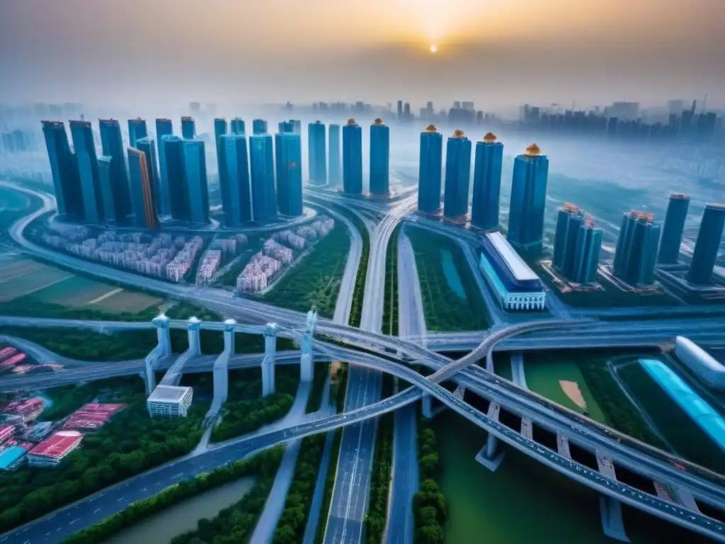 Cityscape vibrante en la Iniciativa Belt and Road Vista aérea de una ciudad dinámica a lo largo de la Iniciativa Franja y Ruta, fusionando arquitectura tradicional y moderna, reflejando la vibrante mezcla cultural Este-Oeste