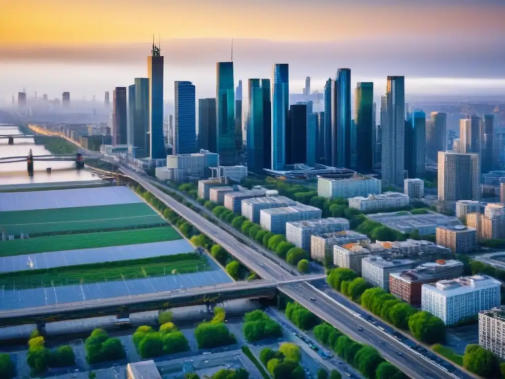 Metrópolis en Evolución: Real Estate en América del Norte Vista aérea de una ciudad dinámica con rascacielos, reflejando tendencias migratorias en el mercado inmobiliario norteamericano