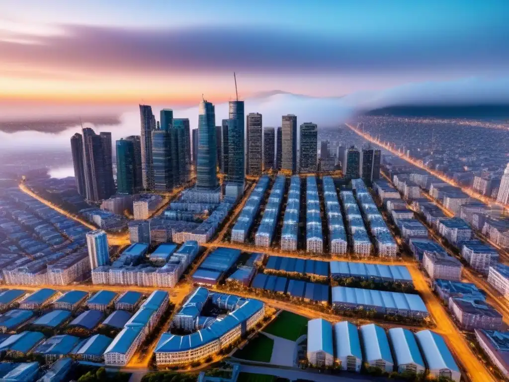 Panorama urbano: metrópolis en evolución Vista aérea de ciudad dinámica con barrios diversos, rascacielos modernos, zonas residenciales y centro urbano