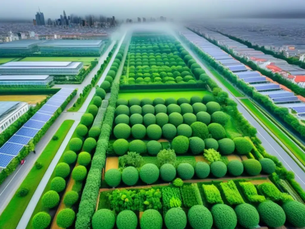 Cityscape sostenible: arquitectura verde y diseño urbano innovador Vista aérea de una ciudad con diseño sostenible, techos verdes y paneles solares, reflejando tendencias urbanismo diseño sostenible