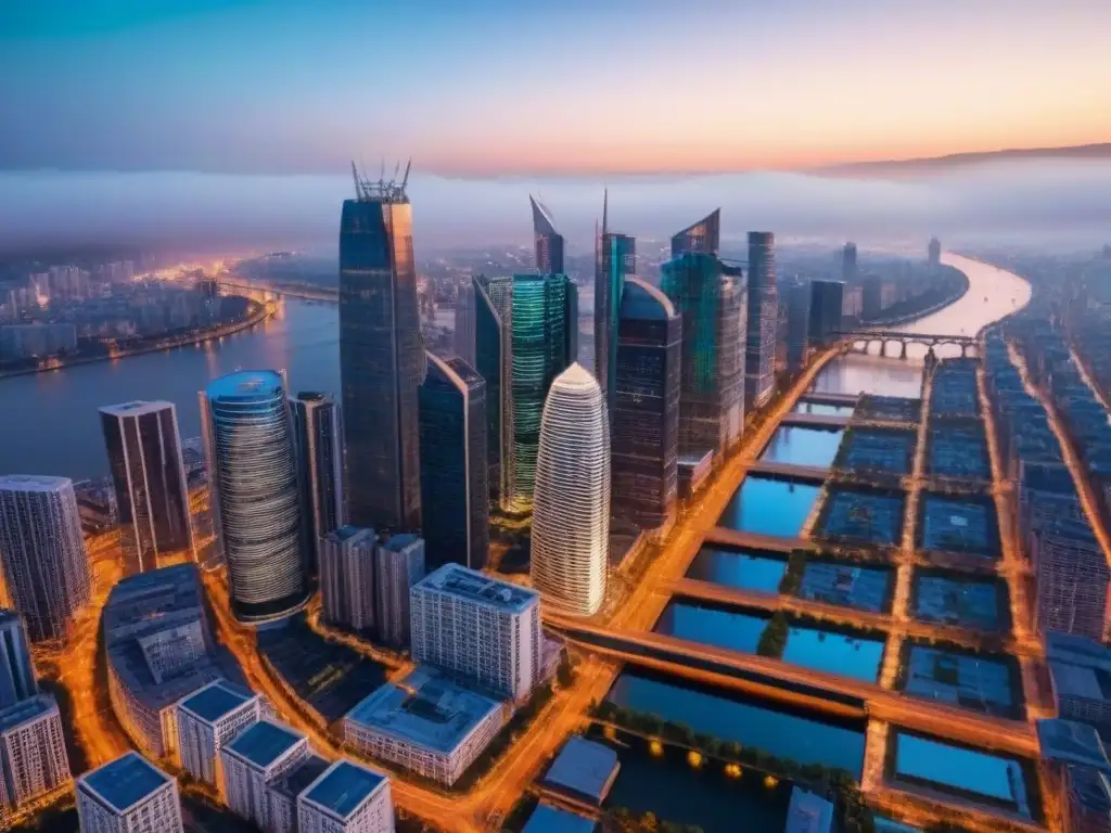 Metrópolis global: luces y diversidad urbana al atardecer Vista aérea de una ciudad diversa al anochecer con rascacielos modernos, calles bulliciosas y un río, iluminada por luces de la ciudad