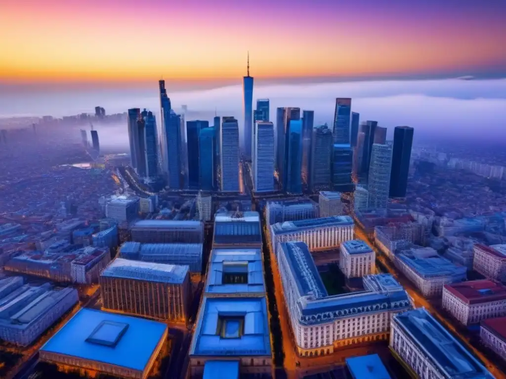 Cityscape diverso: arquitectura moderna y tradicional al atardecer Vista aérea de ciudad diversa con arquitectura moderna y tradicional al atardecer