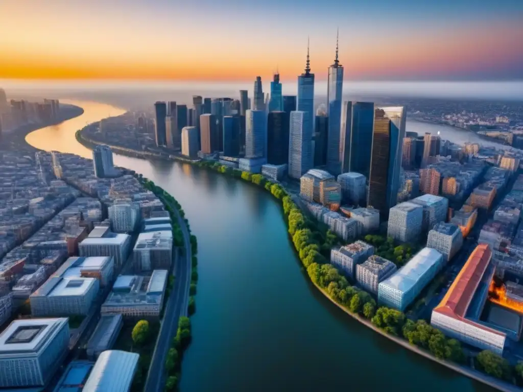 Cityscape diverso al atardecer: modernidad y tradición iluminadas Vista aérea de una ciudad diversa al atardecer, con rascacielos modernos y edificios históricos iluminados por un cálido atardecer dorado