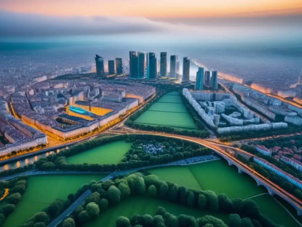 Contraste arquitectónico Europa: Este vs Vista aérea de una ciudad dividida en dos, mostrando oportunidades de inversión inmobiliaria en Europa Oriental y Occidental